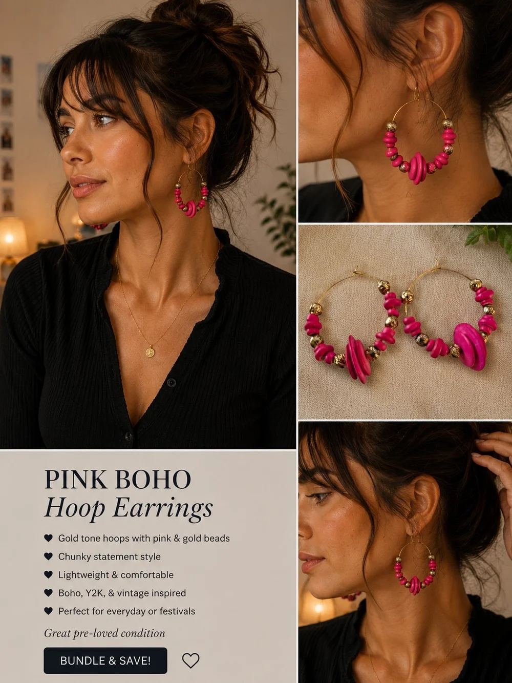 Pink Boho Hoop Earrings - Gold Tone with Pink Beads